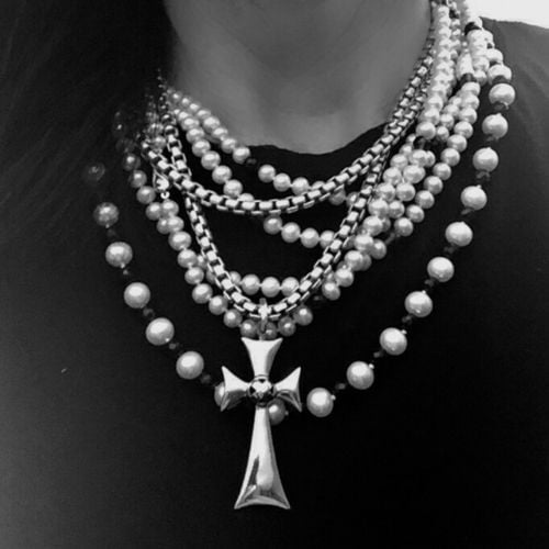 Walking The Line Biker And Rocker Jewelry Refined-Celtic Cross Chain and Pearls-Leslie Herbert Jewelry